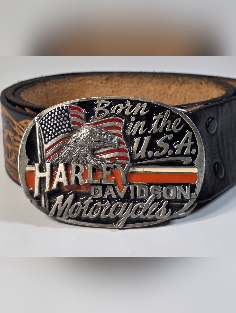 Harley-Davidson Vintage Black Leather Belt 40" with HD "Born In The USA" Buckle